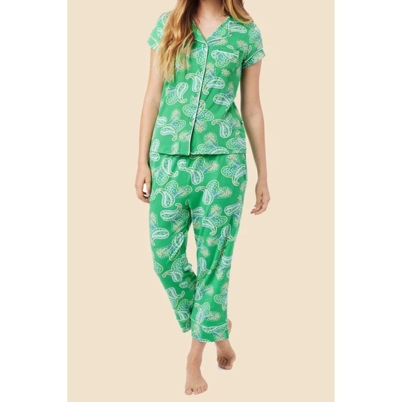 The Cat's Pajamas Tinsley Pima Knit Capris Set - Green Paisley, Short Sleeve - Picture 2 of 9